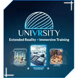 An image representing the logo of the software Univrsity: a virtual dome with a gradient from white to sky blue, and the word UNIVRSITY with the 'VR' highlighted in blue within the white word