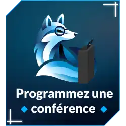 Une image représentant la mascotte de Goupil Technology en conférencier