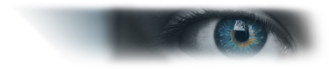 Part of a face in black and white, with a blue iris full of color