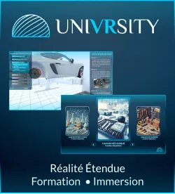 Une image représentant le logo du logiciel Univrsity, un dome virtuel dégradé de blanc vers bleu ciel et le mot UNIVRSITY avec le VR mis en avant en bleu dans le mot en blanc